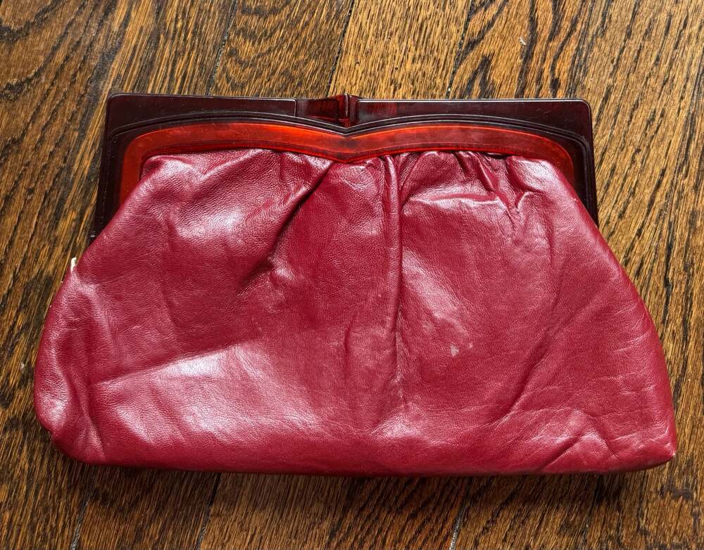 VINTAGE Lawrence Bentley 10.5” x 6.5” Red Leather Clutch with Amber Lucite Frame